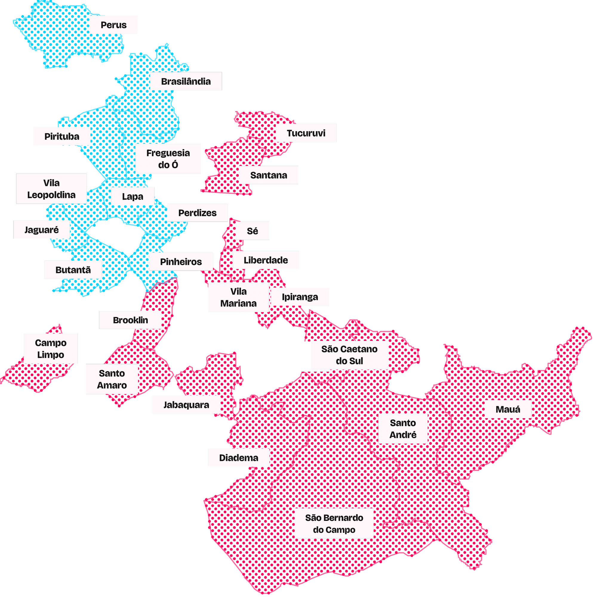 Mapa da frota M2 em São Paulo: Frota SP 01 em magenta e Frota SP 02 em ciano